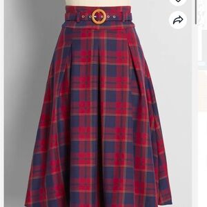 Plaid A-Line Skirt with Belt - Red and Blue